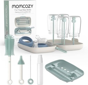 Momcozy 7-in-1 Baby Bottle Brush Set with Drying Rack, Green  Silicone Nipple Straw Brushes, Soap Dispenser Storage Box, Foldable Drain Rack, Portable Bag, BPA-Free, Home & Travel