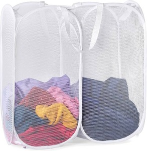 Handy Laundry Mesh Popup Hamper - Two Compartments, Collapsible for Storage and Easy to Open. Folding Pop-Up Clothes are Great for The Kids Room, College Dorm or Travel. (White)