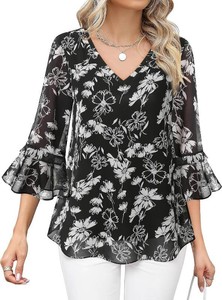 Bebonnie Womens Dressy Casual Tops Ruffle 34 Sleeve V Neck Floral Chiffon Blouses