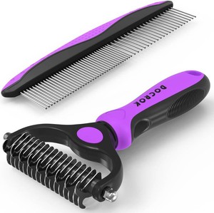 $22 Docrok Pet Grooming Brush and Metal Comb Combo - Undercoat Rake for Dematting and Deshedding Long Matted Haired Dogs and Cats, Purple