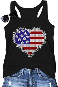 QAUN USA Tank Tops Women Flag Sequin Tank Patriotic Shirts 4th of July Sleeveless T Shirt Summer Casual Bling Tops