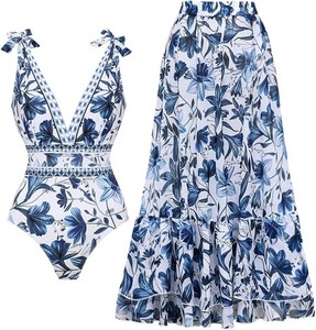 $60 FLAXMAKER Blue and White V Neck Lace Up Strip Plant Prints One Piece Swimsuit and SkirtSarong