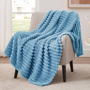 EXQ Home Fleece Throw Blanket for Couch or Bed - 3D Stripe Jacquard Decorative Blankets - Cozy Soft Lightweight Fuzzy Flannel Blanket Suitable for All Seasons(50 60,Blue)