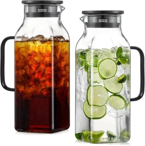 $30 2 Pack 2 Liters68 oz Square Glass Pitcher with Lid and Handle for Fridge, Iced Tea and Coffee Carafe Beverage Serveware, Heat Resistant Borosilicate Water Black Jug for HotCold Drinks and Milk