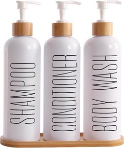 $24 Prus Waso Shampoo and Conditioner Dispenser, White  Contains Shampoo Conditioner Body Wash Dispenser. Shower Soap Dispenser with Bamboo Pumps, Perfect for Modern Bathroom Decor