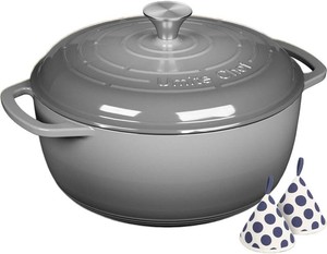 $33 Enameled Cast Iron Dutch Oven - Umite Chef 6QT Pot with Lid & Cotton Potholders - Dual Handles -Versatile Heavy Duty Cookware for Bread Baking, Braising, Stews, Roasting(Grey