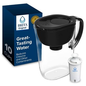 $28 Brita Large 10-Cup Water Filter Pitcher, WQA NSFANSI Certified, Removes Chlorine Taste & Odor, Reduces Zinc, Copper & Mercury, 1 Standard Filter, Lasts 2 Months, Black