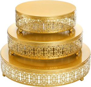 $25 Gold Round Cake Stand Set of 3, 12108 Inch Metal Hollow Cake Pedestals with Low Feet, Dessert Display Stands for Wedding, Birthday, Party, Anniversary & Holiday Entertaining