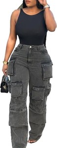 $53 LKOUS Womens Cargo Baggy Straight Y2K High Waist Wide Leg Denim Jeans  Streetwear, Relaxed Fit, Flap Closure, Vintage Wash, Distressed, Stretchy, Soft, Breathable, Comfy, Cotton, Multi Pocket