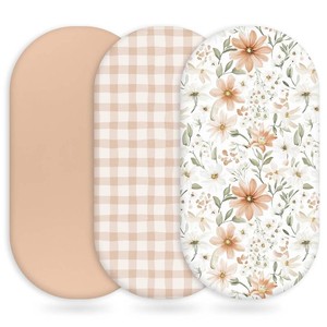 Unnivoll Baby Bassinet Sheets Girl Boy, Fitted Bassinet Sheet Set 3 Pack Bassinet Mattress Sheets Universal Fit for Rectangle, Round, Oval, Hourglass Mattress, Soft Breathable Orange Flowers & Plaid