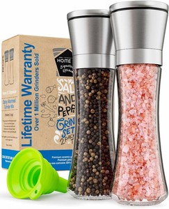 Home EC Premium Stainless Steel Sea Salt and Pepper Grinder Set of 2 - Adjustable Ceramic - Tall Glass Salt and Pepper Shakers - Kitchen Spice Mill WFunnel & EBook