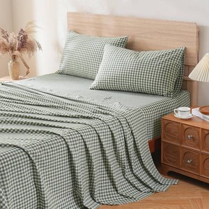 $60 TOCOMOA Green Brown Gingham Sheets Set 100% Washed Cotton Like Linen, Queen  Linen-Like Feel Breathable, Soft & Comfy. 4-Piece Plaid Bedding Bed Sheet Set Cute Farmhouse Aesthetic. 17 Deep Pocket