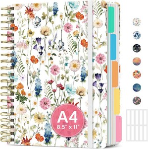 Large Spiral Notebooks for Work 5 Subject with Removable Dividers  8.5 x 11 Pretty Hardcover Notebook Journal for Women, College Ruled, Perfect for Study & Office , 280 Pages, Wildflowers