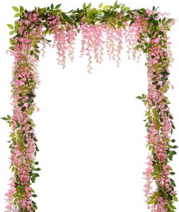 $22 Lvydec Wisteria Artificial Flowers Garland, 4 Pcs Total 28.8ft Artificial Wisteria Vine Silk Hanging Flower for Home Garden Outdoor Ceremony Wedding Arch Floral Decor (Pink)