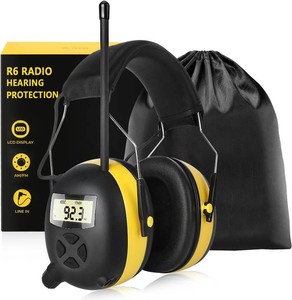 $40 BJKing AMFM Radio Headphones with Digital Display, 30dB AM FM Hearing Protection Safety Ear Muff, Ear Protection Headphone for Mowing, Landscaping, Shooting and Construction Black-Yellow