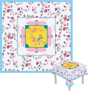 Mahjong Tablecloth 55 x 55 Polyester Flowers and Birds in Pink Blue Color Square Instructional Design with Rules for Family Game Night Party Favor Supplies