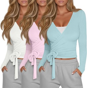 $39 Oakgarden 3 Pack Womens Pilates Ballet Wrap Tops  Tie Front, Wrap Around Tops, for Pilates Ballet Yoga, Deep V Neck, Long Sleeve, 65% Cotton Workout Shirts, Y2k Blouses Size M