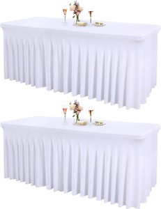 $50 2 Packs White Tableclothes for 8 Foot Rectangle Tables, Wrinkle Resistant Fitted Table Cloth Stretch Spandex Table Covers with Skirt for Event Banquet Wedding Birthday Party