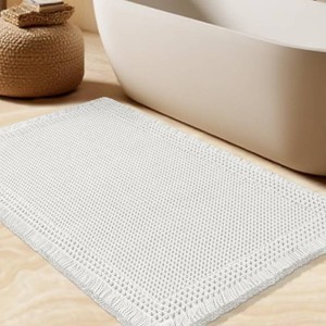 Upgrade Waffle Bath Mat, Boho Bathroom Rugs Absorbent Non Slip, Ultra Soft Bathroom Mat, Machine Washable Knit Bath Rugs with Border for Bathroom, Bedroom, Kitchen, Shower, Tub, 36x24, White