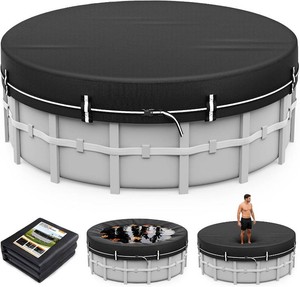 $33 LXKCKJ 8 Ft Round Pool Cover for Above Ground Pools, 420D Oxford  Waterproof 10000PA, 100MPH Windproof with 2 buckles and Ground nail set, 634N Tear-Resistant, UPF50, 95% Evaporation Control