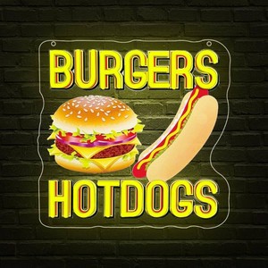 $30 Hot Dogs Burgers Neon Signs for Wall Decor,Hot Dogs Led Neon Sign Party Decorations,Dimmable Hamburger Led Lights Sign for Business Food Restaurant Bar Birthday Party Decor,Hot Dog Shop Decor