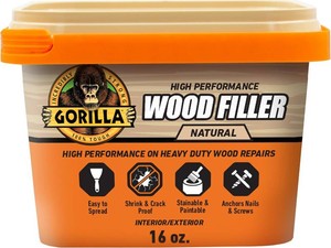 Gorilla All Purpose Wood Filler, Natural Finish, 16 oz Tub, 1-Pack  Water Resistant, Paintable, Stainable & Sandable, Anchors Nails & Screws, Indoor & Outdoor Use, Acrylic Formula