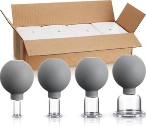 BBTO 4 Pcs Glass Facial Cupping Set Silicone Vacuum Suction Massage Cups Skin Tightening Therapy for Face Body Eyes Back Shoulder Pain(Grey)