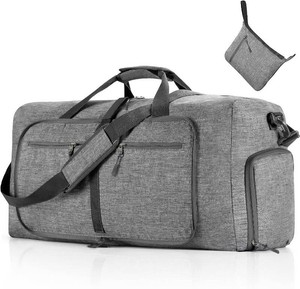 Vomgomfom 65L85L115L Foldable Travel Duffle Bag with Shoe Compartment  Tear-Resistant 600D Polyester, Only 1.06 lb, Folds Into Compact Pouch, 5 Zip Pockets, Trolley Sleeve, Gym & Weekend Ready