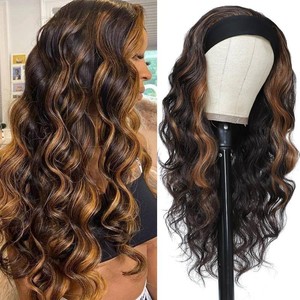 Long Wavy Headband Wig for Women Black Wigs with Brown Blonde Highlight 200% Denisty Headband Wigs Put On and Go Glueless Wig Long Synthetic Wig for Women Party Daliy Use