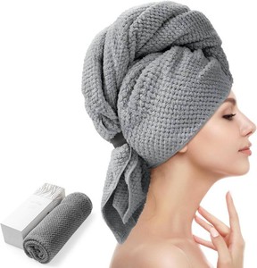 YFONG Large Microfiber Hair Towel Wrap for Women, 26 X 40 Super Absorbent  Fast Drying, Hair Turbans Secure Fit with Elastic Band, Hair Wrap for Long Curly Thick, Prevent Frizz, Soft Comfortable, Grey