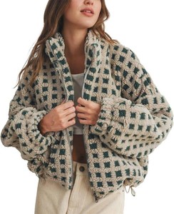 $50 Womens Checkered Sherpa Jacket Cropped Long Sleeve Plaid Fleece Coats Casual Zip Up Gingham Outwear with Pockets Size S