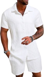 $47 RoseSeek Mens 2 Piece Beach Outfits Button Down Linen Shirt and Short Set  Summer Outfits, Casual Vacation Wear, White Linen Short Sets, Cruise Outfits for Men 4XL