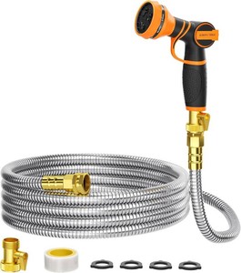 $36 Giraffe Tools Garden Hose 25ft x 58, 304 Stainless Steel Metal Water Hose, No Kink Garden Water Hose with 9 Pattern Spray Nozzle