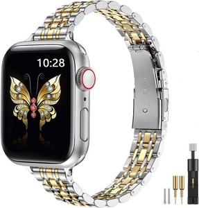MioHHR Slim Metal Band Compatible with Apple Watch Bands 42414038mm  Thin Luxury Stainless Steel iWatch Bands Series 1110987654321SE3SE2SE for Women,SilverGold