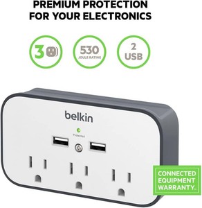 $85 Belkin Wall Mount Surge Protector - 3 AC Multiple Outlet Extender & 2 USB Ports