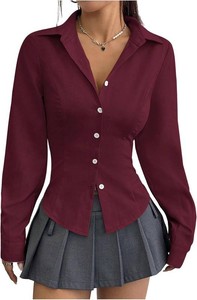 $27 SweatyRocks Womens Solid Asymmetrical Hem Button Down Shirt Long Sleeve Collared Slim Fit Dressy Blouse Tops M