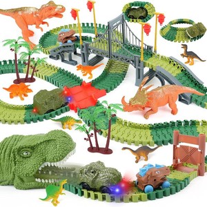 $36 Dinosaur Track Toy Set for Kids Ages 3-5 4-6  Build-Your-Own Flexible Race Track Toy with Light-Up Cars, Dinosaur Figures, Bridge, Tunnel and Gate, Gift for Boys Ages 3-7