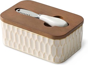 $23 Butter Dish with Lid and Knife, Ceramic Airtight Butter Keeper  Beige Butter Storage For Countertop, Rubberwood lid with Silicone Seal, Kitchen Decor and Housewarming Gift Embossed, Cream