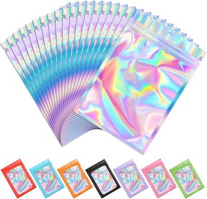 ANZNKU 100PCS Holographic Mylar Bags, Resealable Smell Proof 3.9x7.1  with Clear Window, Small Business Packaging for Jewelry Candy Treat Sample Favor, Sealable Plastic Zipper Goodie Gift Baggies
