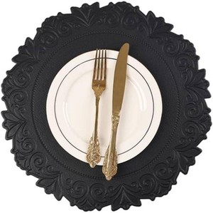 Round Faux Leather Placemats Set of 6, Dining Table Mats, Black  Engraved Texture, 15 Inch Diameter, Waterproof and Wipeable, Heat Resistant, Non Slip, Indoor or Outdoor Dining