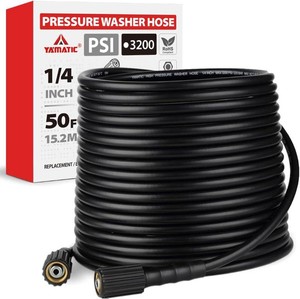 $26 YAMATIC Pressure Washer Hose 50FT x 14, 3200 PSI Kink Resistant Power Washer Replacement Hose, M22-14mm Female Brass Fittings for Ryobi Troy-Bilt Greenworks Craftsman