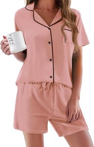 $24 Ekouaer Pajamas Set for Women Short Sleeve Sleepwear Button Down Pj Summer 2 Piece Lounge Set, Soft Fabric, Drawstring Waistband, for Bridesmaid Bride Party, Plus Size, Petite, Cute Pattern Size XS