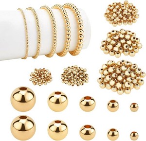 PH PandaHall 14K Gold Plated Spacer Beads, 300pcs Round Brass Beads 5 Size Metal Smooth Beads Seamless Ball Beads Long-lasting Little Beads for Summer Bracelet Necklace Jewelry DIY Crafts(23456mm)