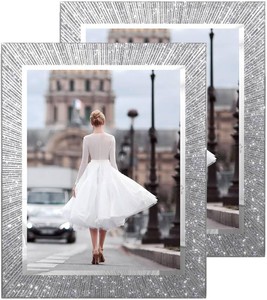$26 8.5x11 Glass Picture Frame Set of 2, Glitter Photo Frame for Tabletop or Wall Display, Spaekle 8.5 by 11 Silver Wedding Frame
