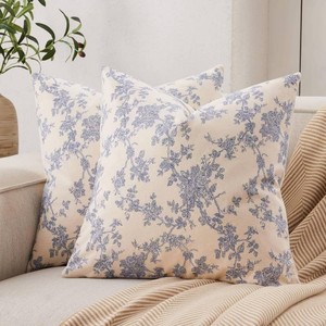 2 Pack French Floral Throw Pillow Covers 20x20in, BlueCream  100% Organic Cotton, Vintage Botanical Decorative Pillow Cases, Farmhouse Pastoral Cushion Covers for Living Room Sofa Couch