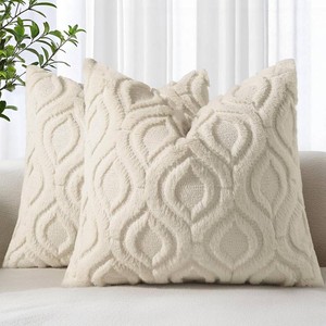 decorUhome Faux Fur Plush Soft Beige Throw Pillow Covers 18x18 Set of 2  Wool Solid Fall Couch Pillow Covers, Accent Modern Farmhouse Neutral Decorative Square Pillow Cases for Sofa Bed Living Room