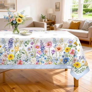 Spring Summer Flowers Tablecloth Waterproof, French Country Table Cloth Rectangle Stain Resistant, Washable Table Cover for Home Kitchen Dining Party Decoration (60 104 Inch)