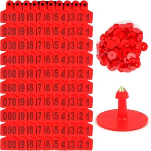 100PCS 001-100 Number Cattle Ear Tags Plastic Livestock Farm Animal Tags ID Tags Yellow Green Blue Orange Ear Tagger for Cow Cattle Sheep Goats Pigs Hogs Mark Label (Red)