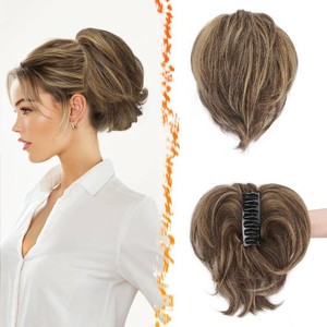 $34 BARSDAR Claw Clip Short Human Hair Ponytail Extension - 8 Inch DIY Styles Claw Clip Real Human Hair Messy Bun Hairpieces for Women - Bendable Metals Short Natural Medium Brown Blonde Ponytail Daily