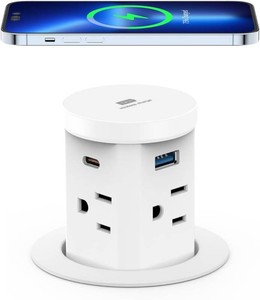 $90 2.4 Pop Up Outlet with 30W USB-C, Haiaoyyds Recessed Power Strip with 4 AC Outlets & 4 USB Ports, 15W Wireless Charger, 1.5M Cord, Desk Outlets for Countertops, Kitchen Island (White)